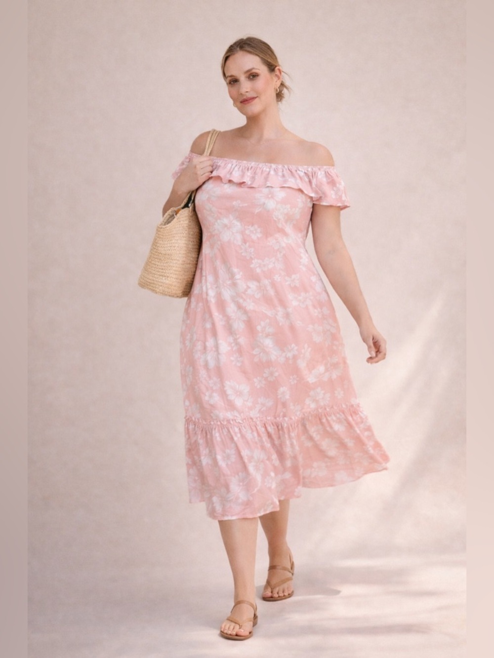 Pink Floral Off Shoulder Midi Resortwear Dress Cottagecore Beach Resort Size 14